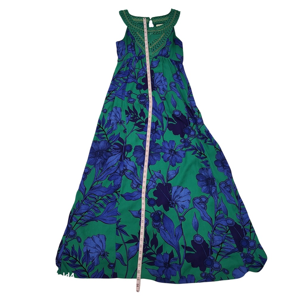 Edme & Esyllte Anthropologie Green Blue Floral Crochet‎ Bib Maxi Dress US 4 - Picture 4 of 7